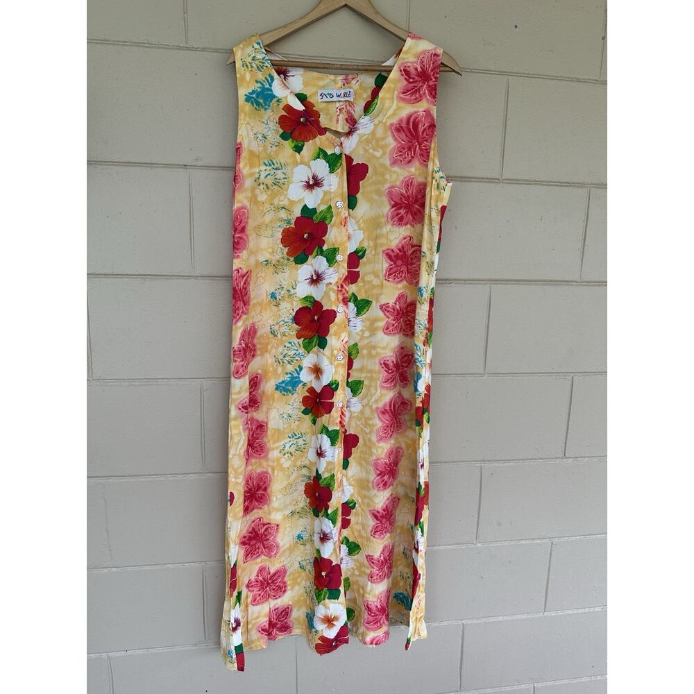 Jams World Floral Print Button Front Sleeveless Dress Strawbiscus Large Vintage